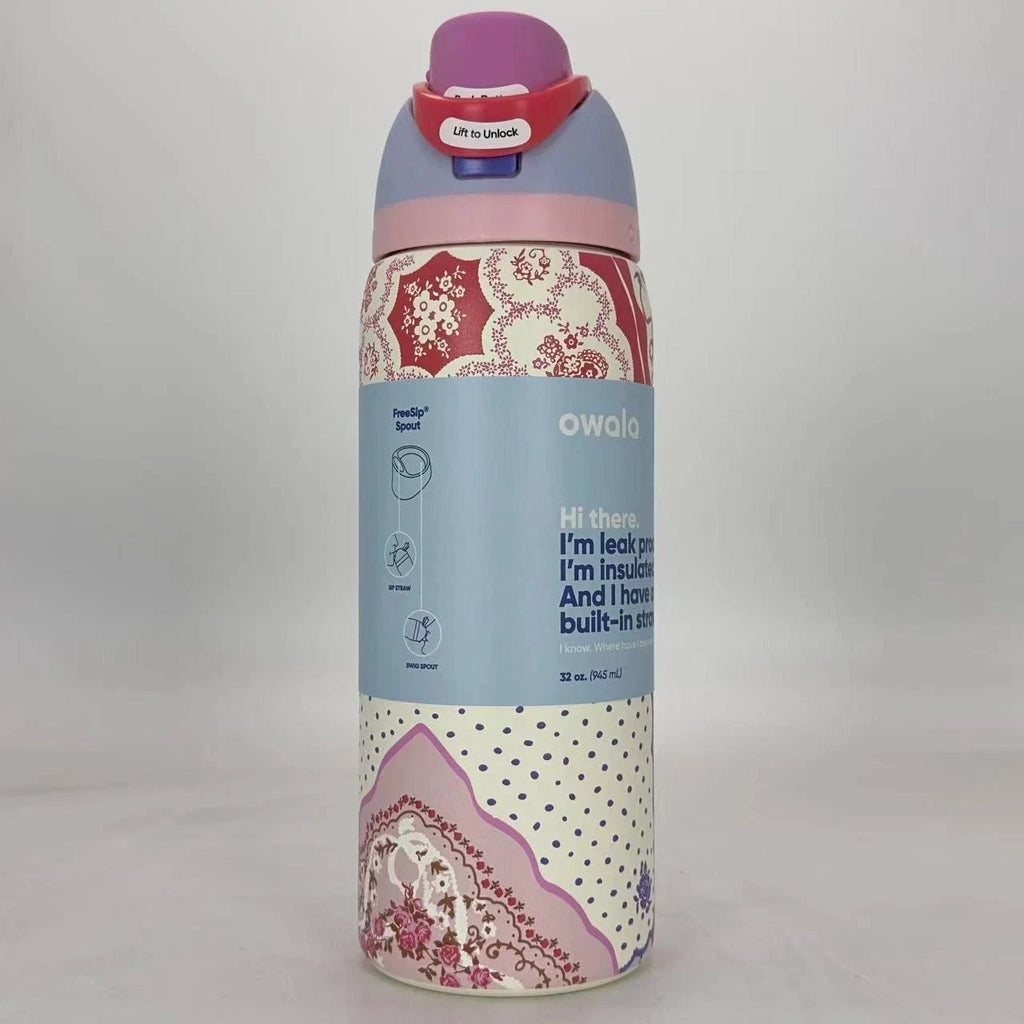 Owala 32oz FreeSip Insulated Water Bottle – “Hankie” Valentine’s Pink Patchwork | Special Edition   M32oz-SPYH