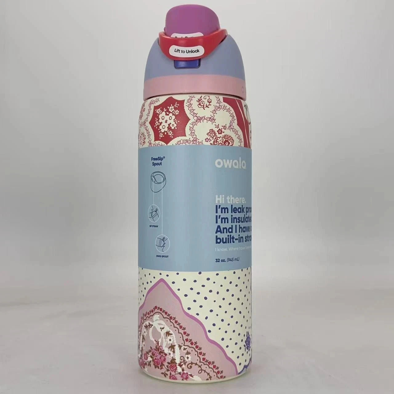 Owala 32oz FreeSip Insulated Water Bottle – “Hankie” Valentine’s Pink Patchwork | Special Edition   M32oz-SPYH
