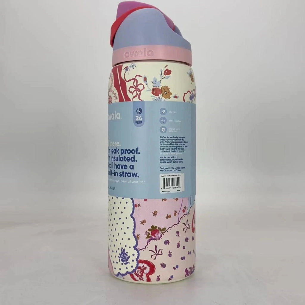 Owala 32oz FreeSip Insulated Water Bottle – “Hankie” Valentine’s Pink Patchwork | Special Edition   M32oz-SPYH