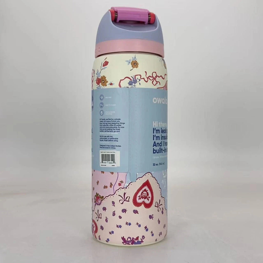 Owala 32oz FreeSip Insulated Water Bottle – “Hankie” Valentine’s Pink Patchwork | Special Edition   M32oz-SPYH