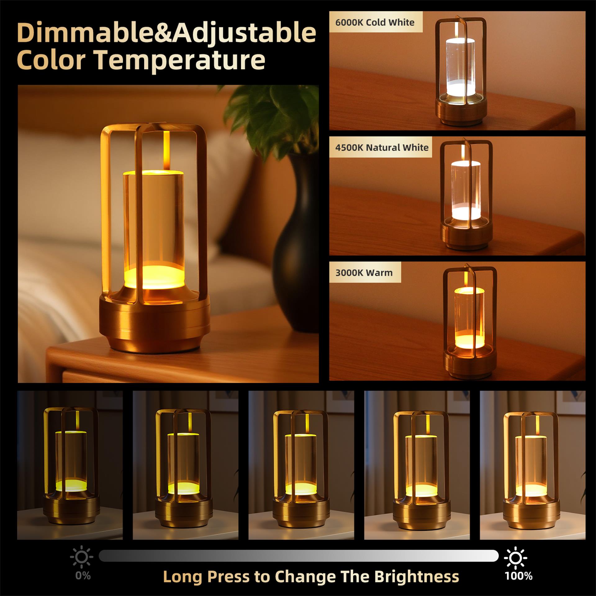 Portable Touch Control Table Lamp with 5000mAh Battery, 3-Color Stepless Dimming Cordless LED Light for Bedroom/Camping/Restaurant/Bar Indoo