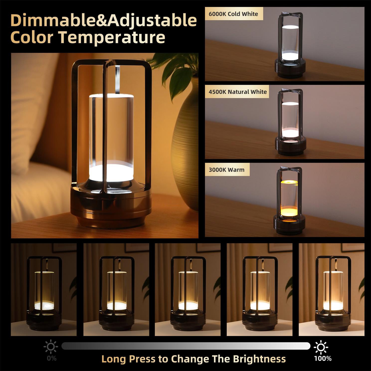 2-Packs Portable Touch Control Table Lamp with 5000mAh Battery, 3-Color Stepless Dimming Cordless LED Light for Bedroom/Camping/Restaurant