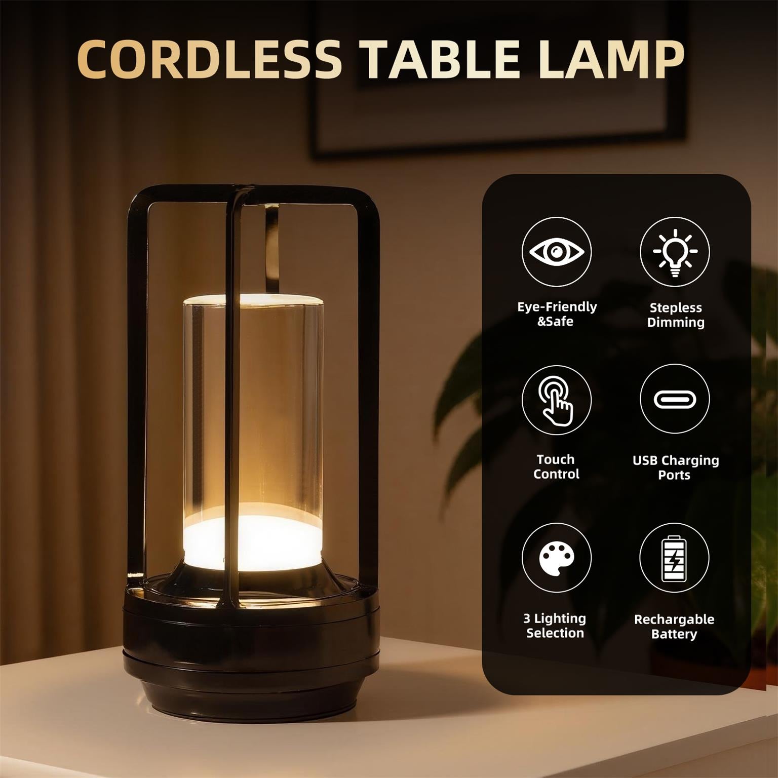 2-Packs Portable Touch Control Table Lamp with 5000mAh Battery, 3-Color Stepless Dimming Cordless LED Light for Bedroom/Camping/Restaurant