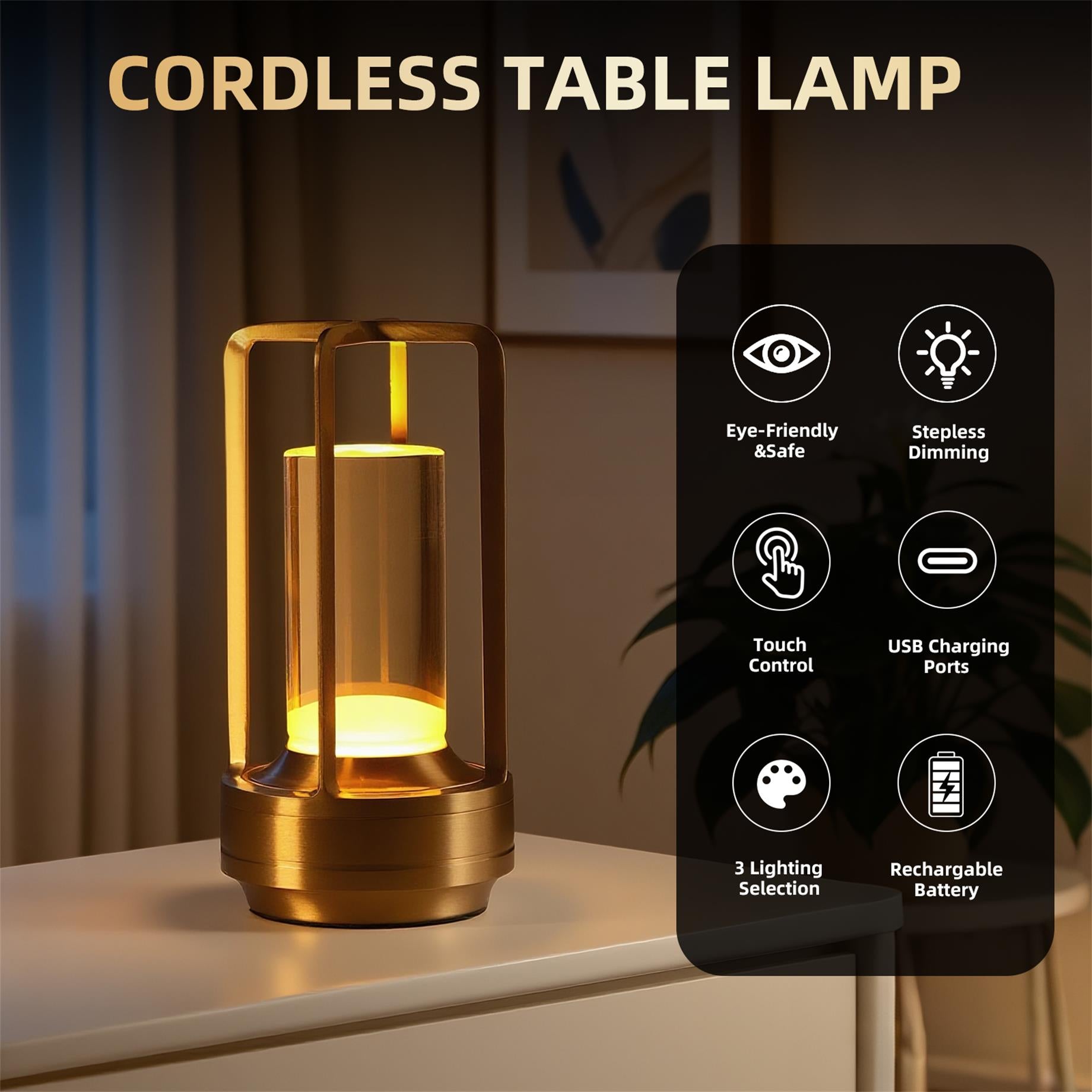Portable Touch Control Table Lamp with 5000mAh Battery, 3-Color Stepless Dimming Cordless LED Light for Bedroom/Camping/Restaurant/Bar Indoo
