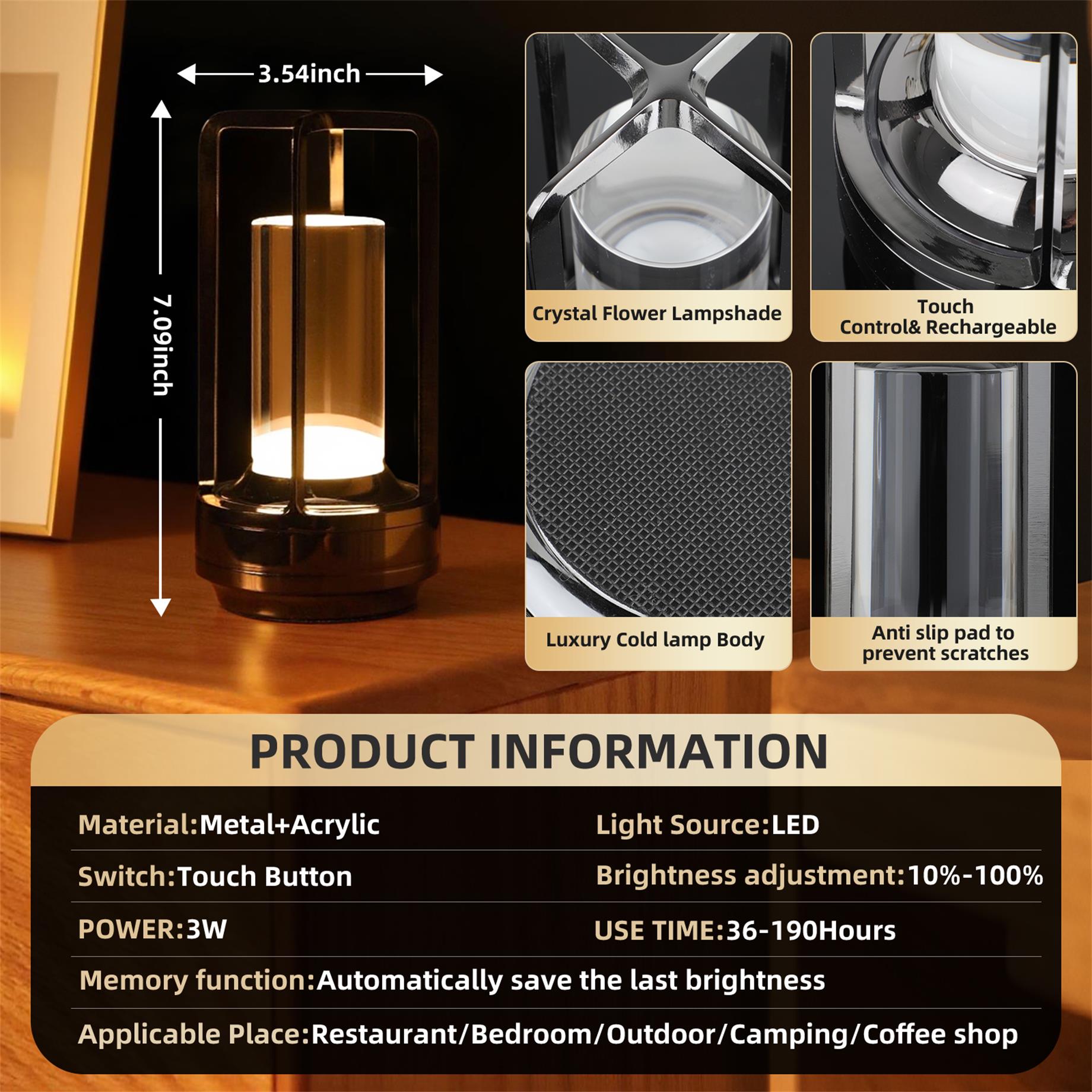 Portable Touch Control Table Lamp with 5000mAh Battery, 3-Color Stepless Dimming Cordless LED Light for Bedroom/Camping/Restaurant/Bar Indoo